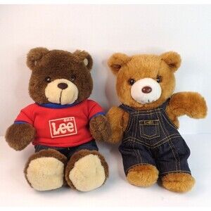 Vintage Lee Jeans Advertisement Brown Teddy Bears Plush 10” & 13" Lot of 2